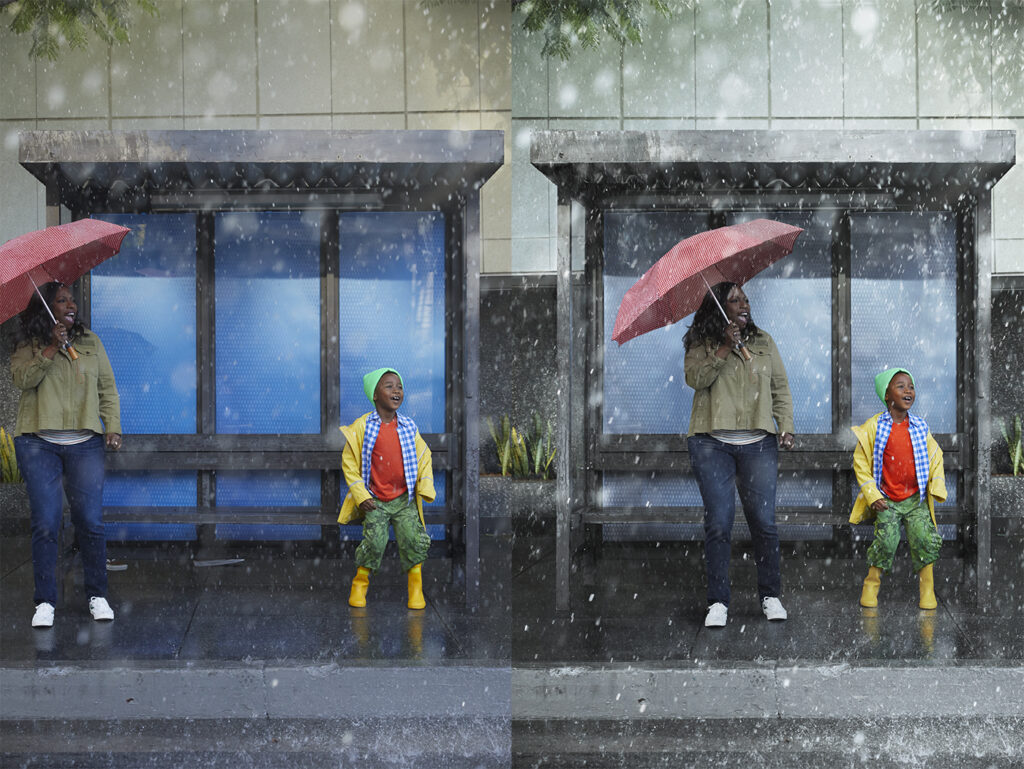 Female and child in the rain